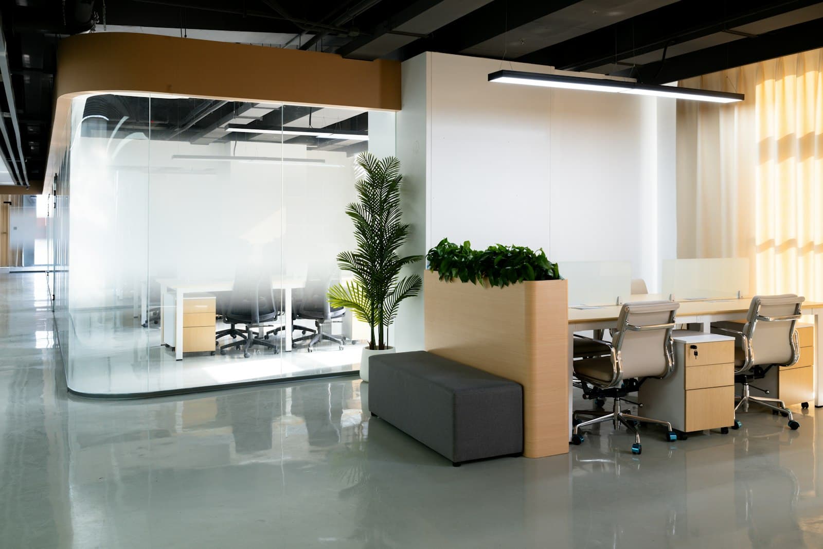 Open workspace with a curved glass meeting pod and planters
