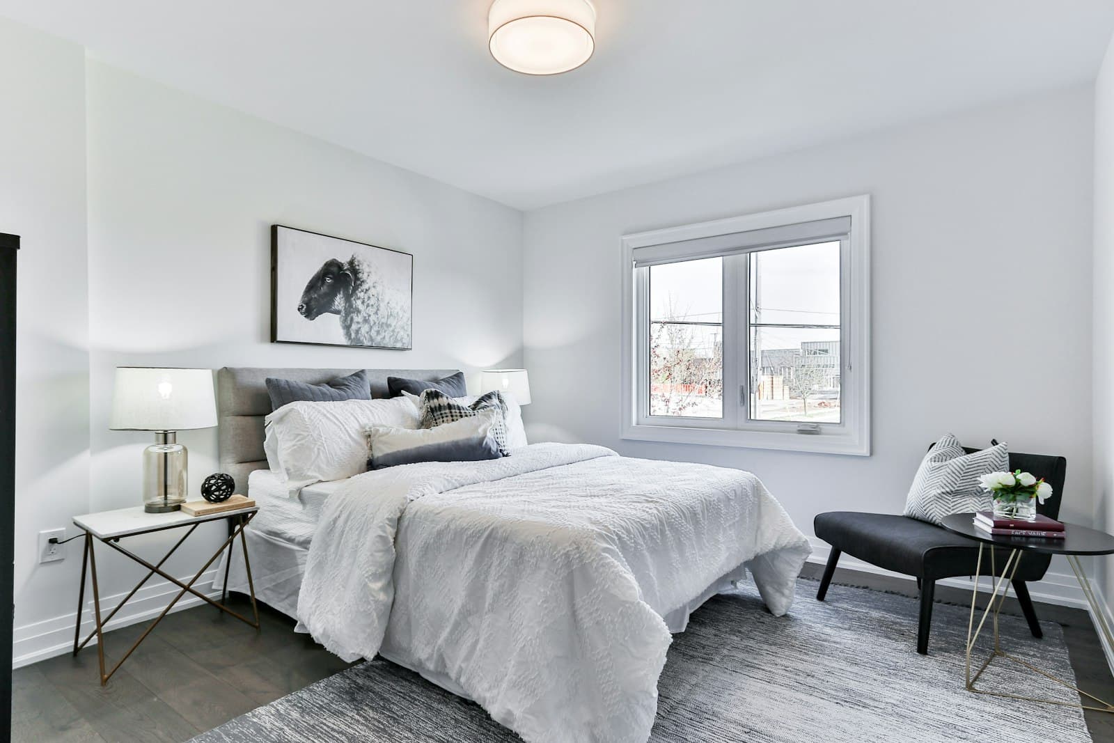 Bright bedroom with grey carpet and white walls