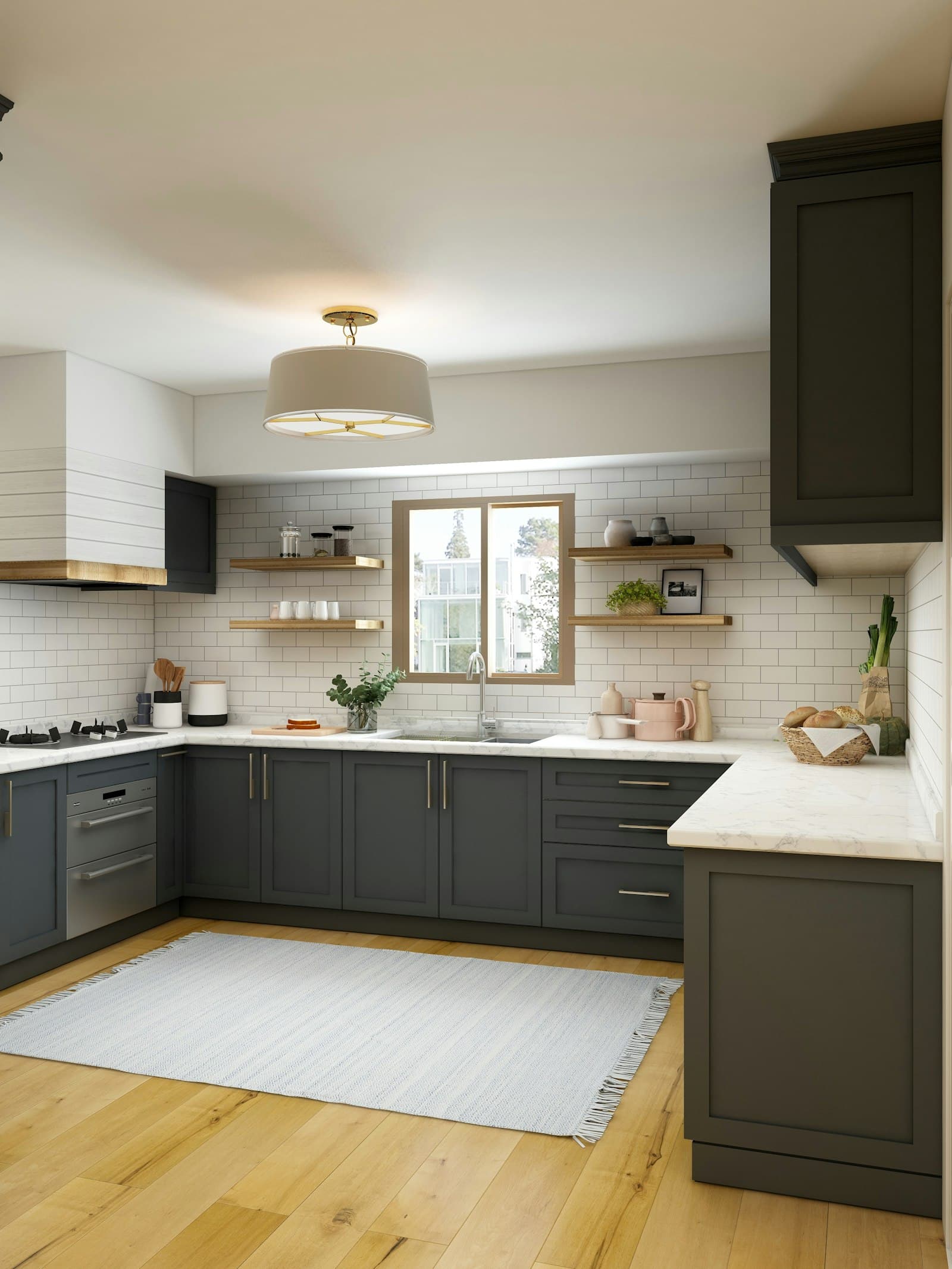 Kitchen with charcoal shaker units, white metro tiles and oak floor