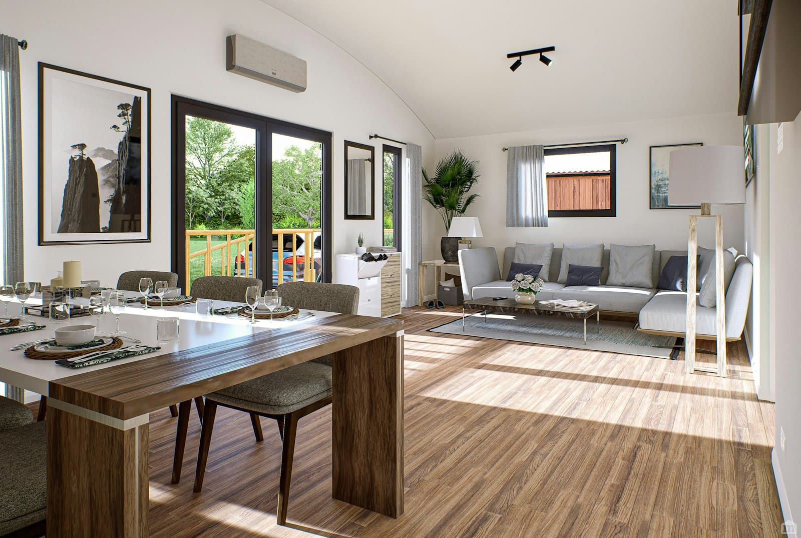 Open-plan dining and living room with French doors to the garden